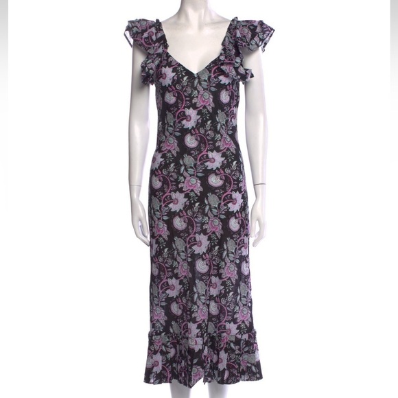 NWT MILLE FLORAL BLACK AND PURPLE RUFFLE V NECK SHORT SLEEVE DRESS